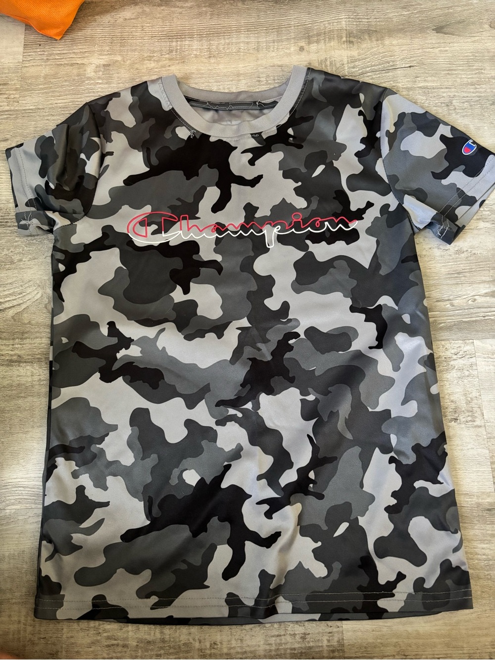 Champion Gray & Black Camo Tee with Red Script Logo